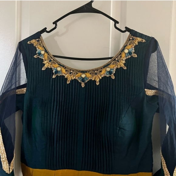 Golden mustard and nevy blue anarkali with dupatta - Picture 2 of 3